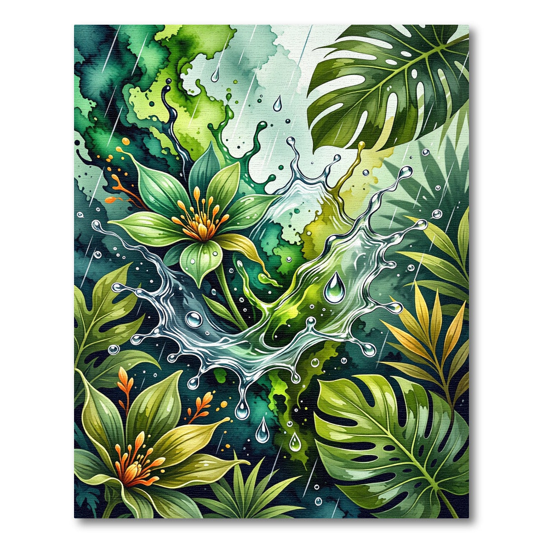 Vibrant Green Jungle Rain Splash Rug