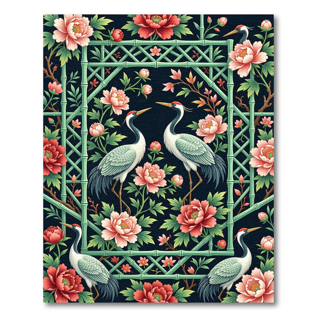 Chinoiserie Crane Peony Bamboo Lattice Dark Rug