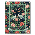 Chinoiserie Crane Peony Bamboo Lattice Dark Rug