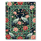 Chinoiserie Crane Peony Bamboo Lattice Dark Rug