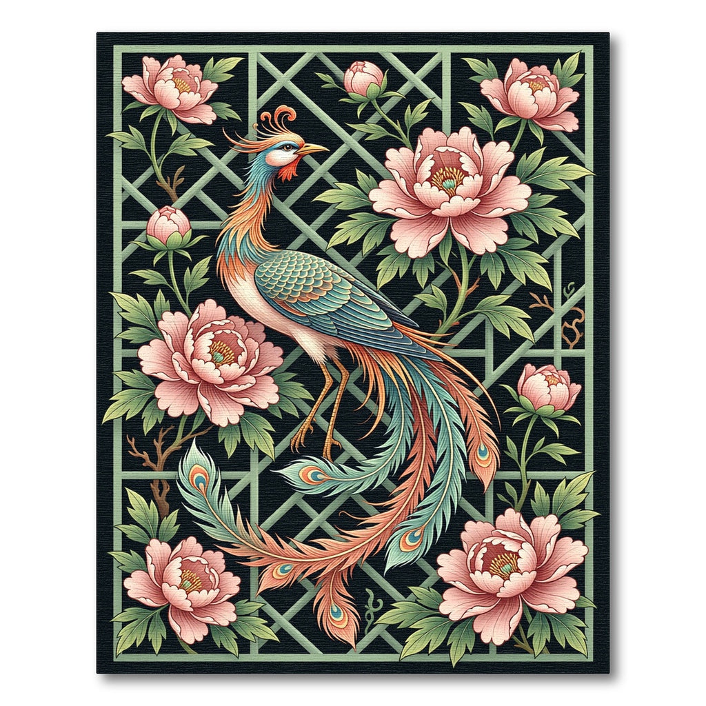Elegant Peacock and Peony Floral Grille Rug