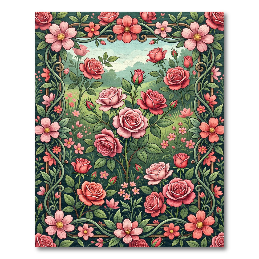 Pink Coral Floral Garden Frame Rug