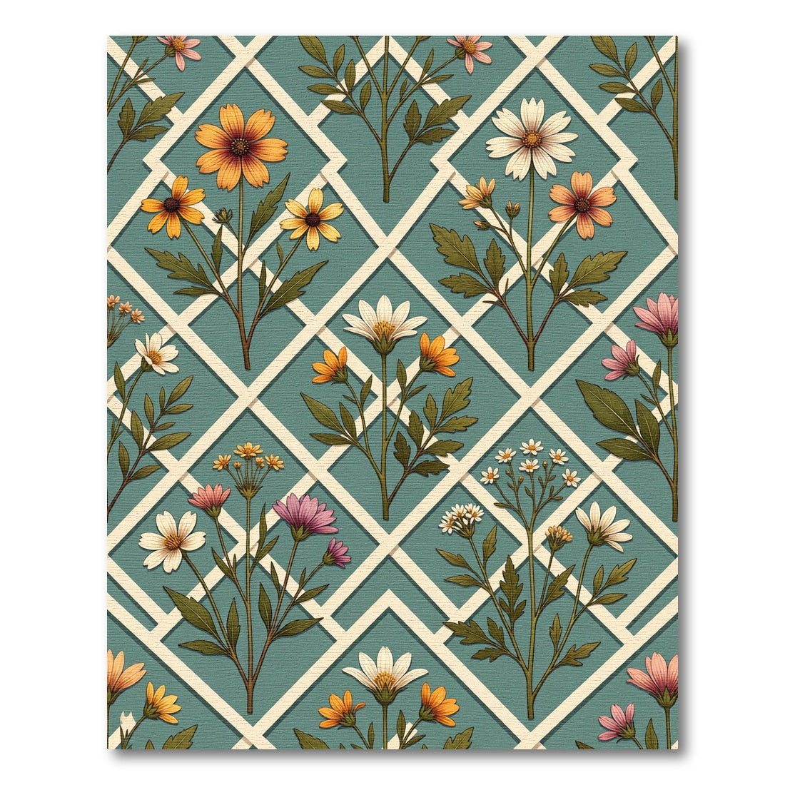 Floral Lattice Teal Meadow Garden Rug