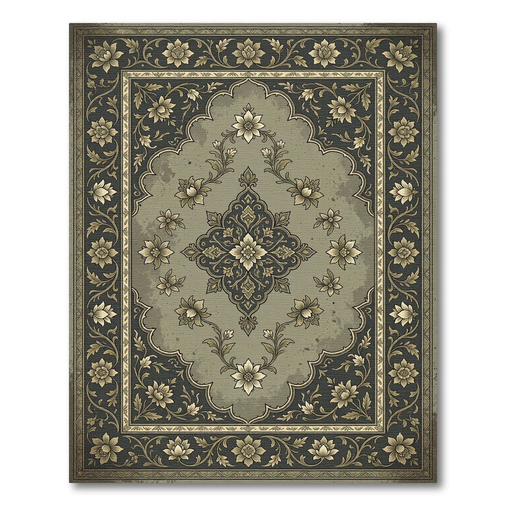 Elegant Sage Floral Medallion Scroll Rug