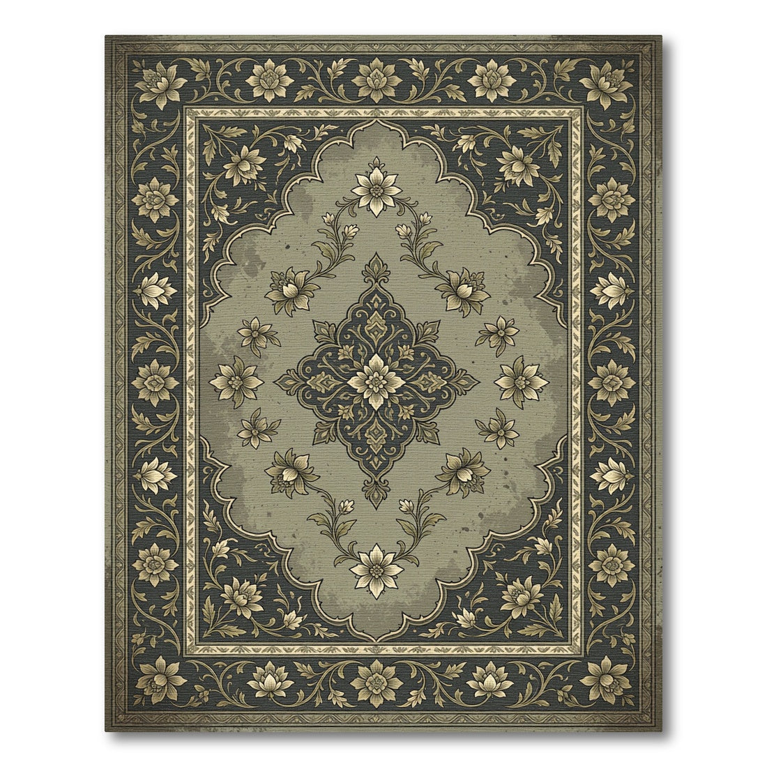 Elegant Sage Floral Medallion Scroll Rug