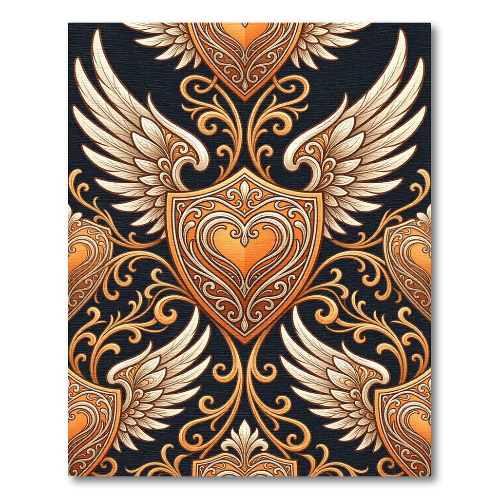 Orange Gold Winged Shield Scrollwork Rug