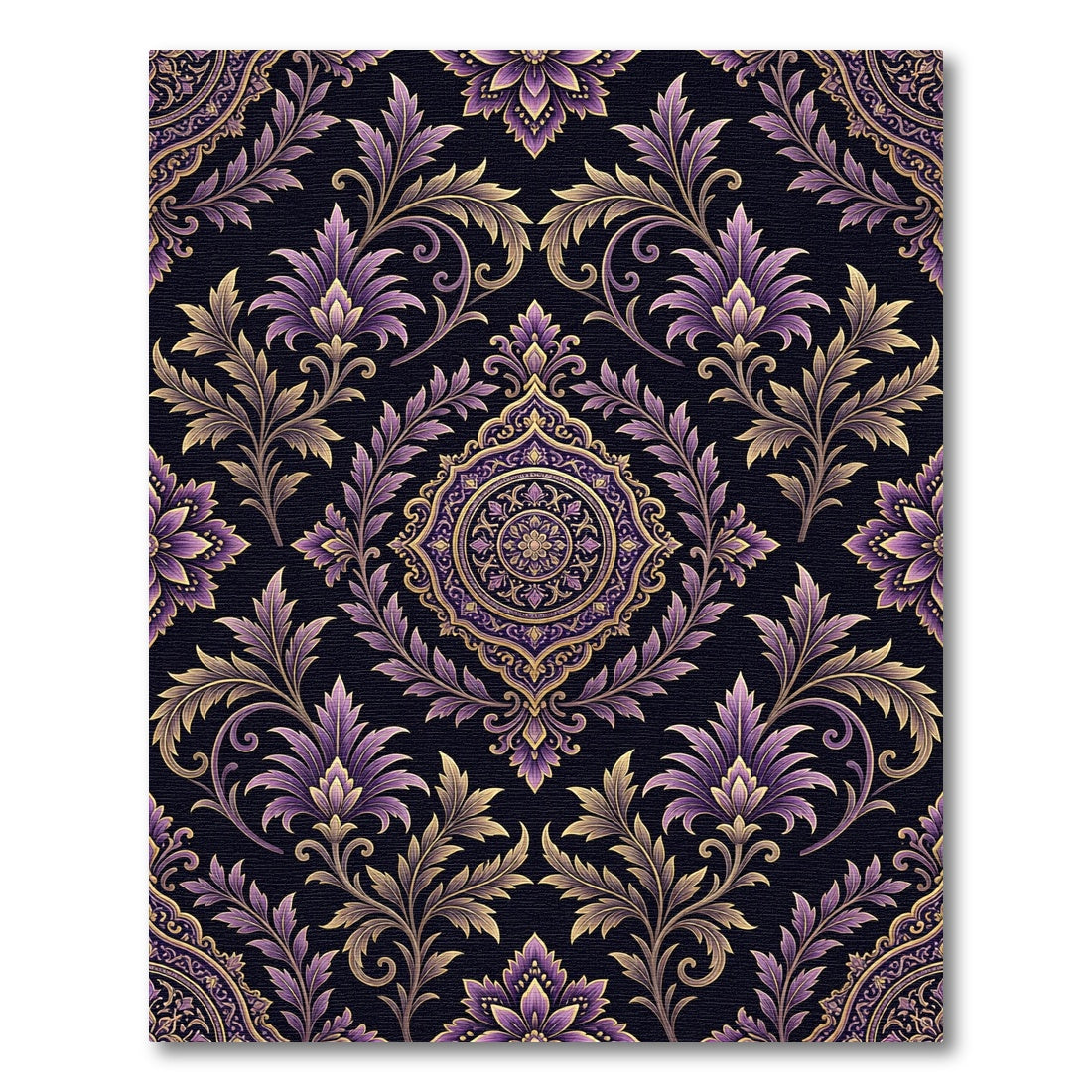 Opulent Purple Gold Ornate Damask Rug