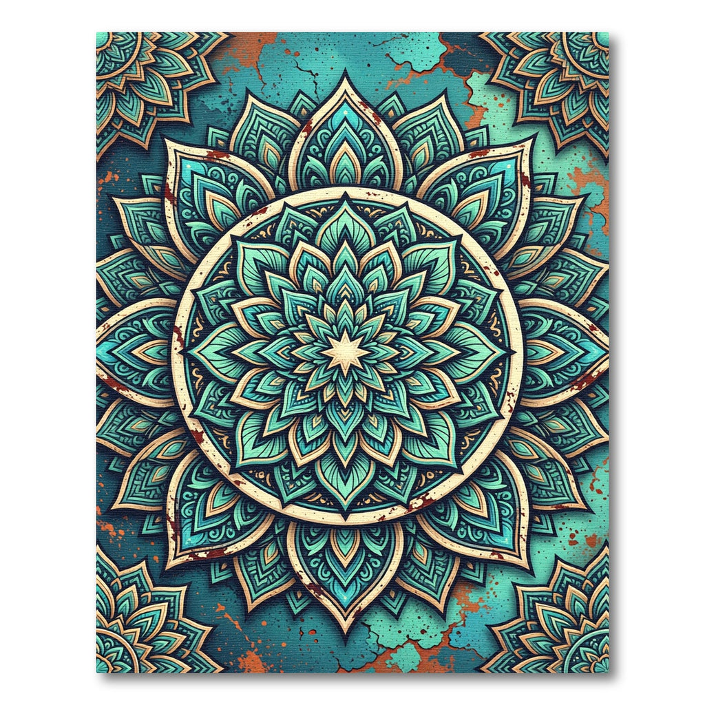 Teal Mandala Medallion Distressed Floral Rug