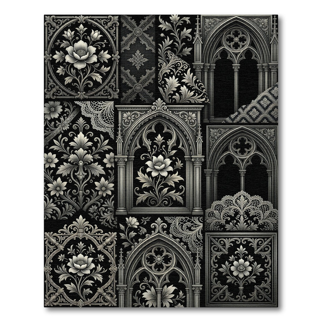 Ornate Gothic Black Lace Floral Accents Rug