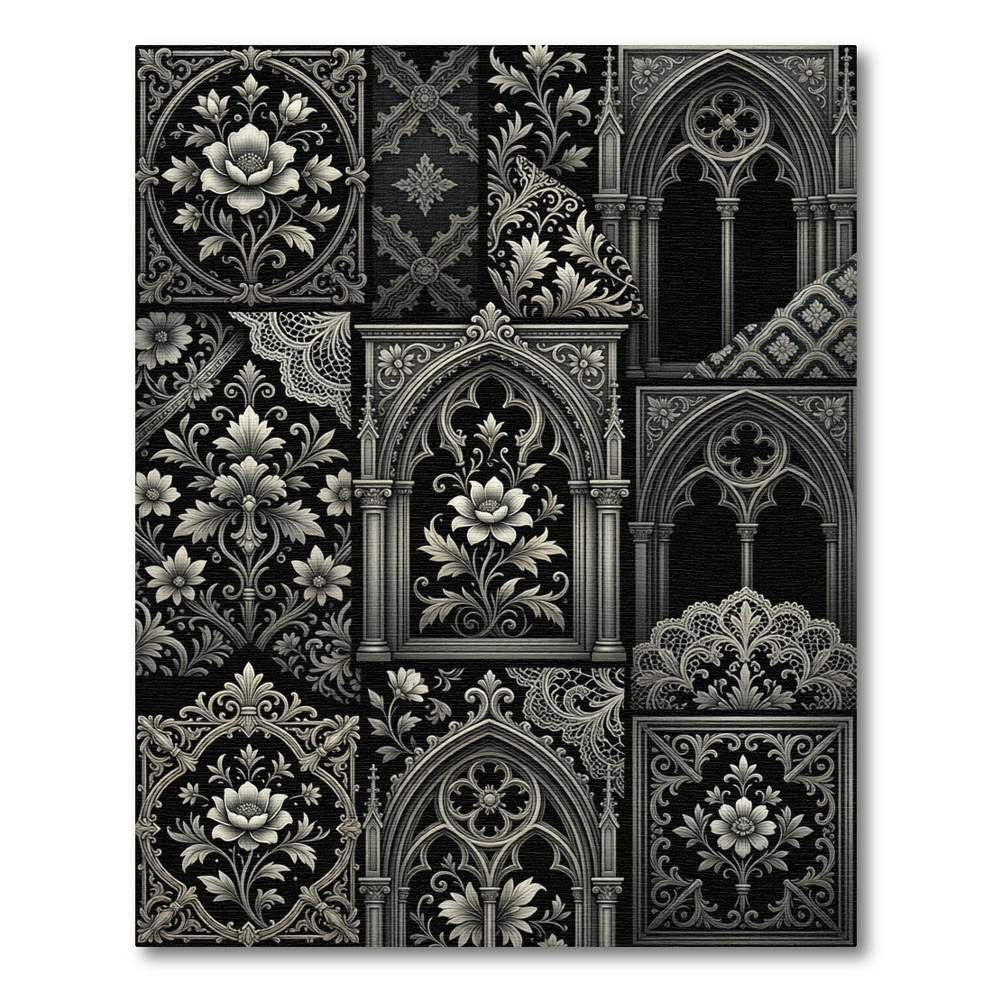 Ornate Gothic Black Lace Floral Accents Rug