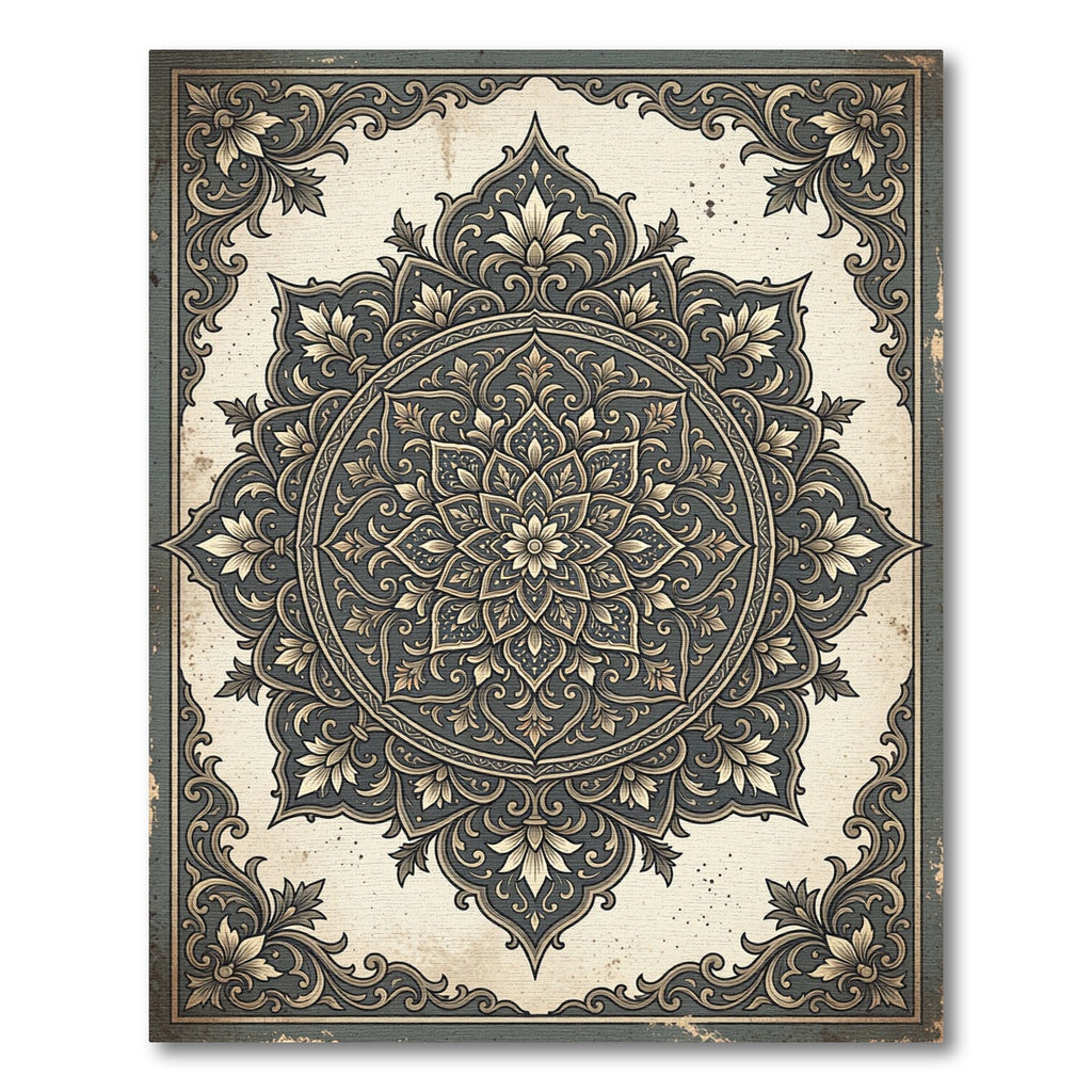 Elegant Slate Floral Damask Medallion Rug