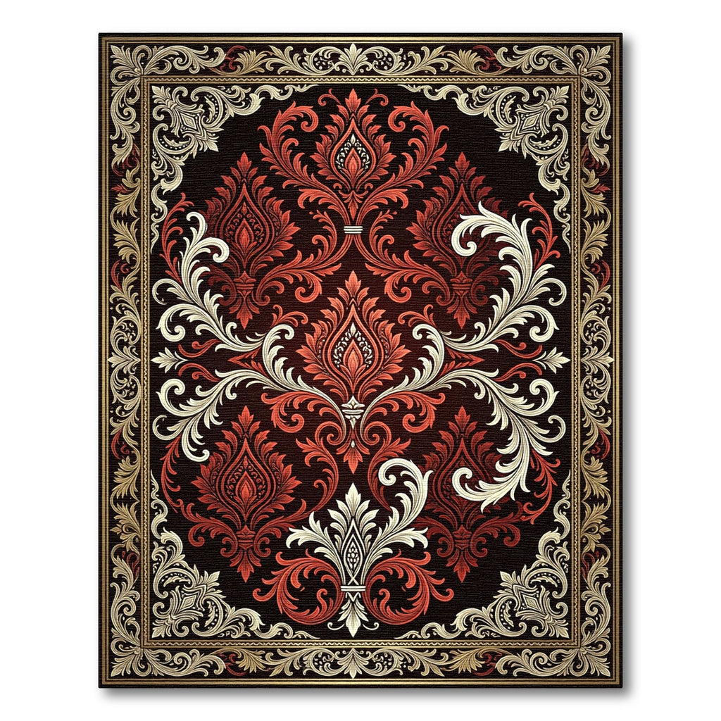 Ornate Crimson Floral Damask Medallion Rug