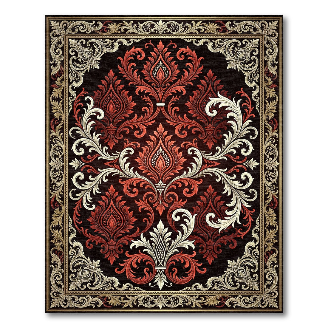 Ornate Crimson Floral Damask Medallion Rug