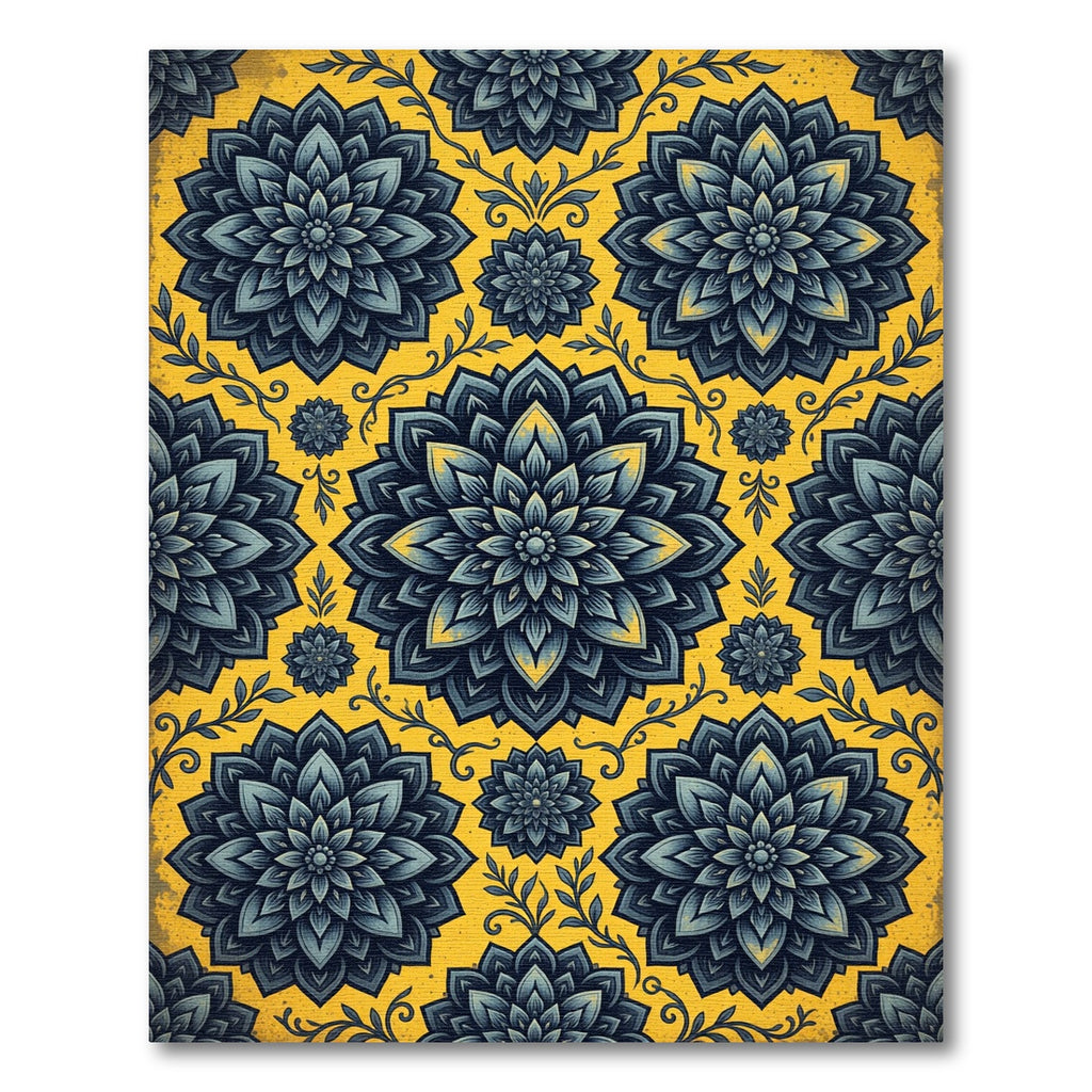 Dark Blue Floral Medallion Aged Saffron Rug