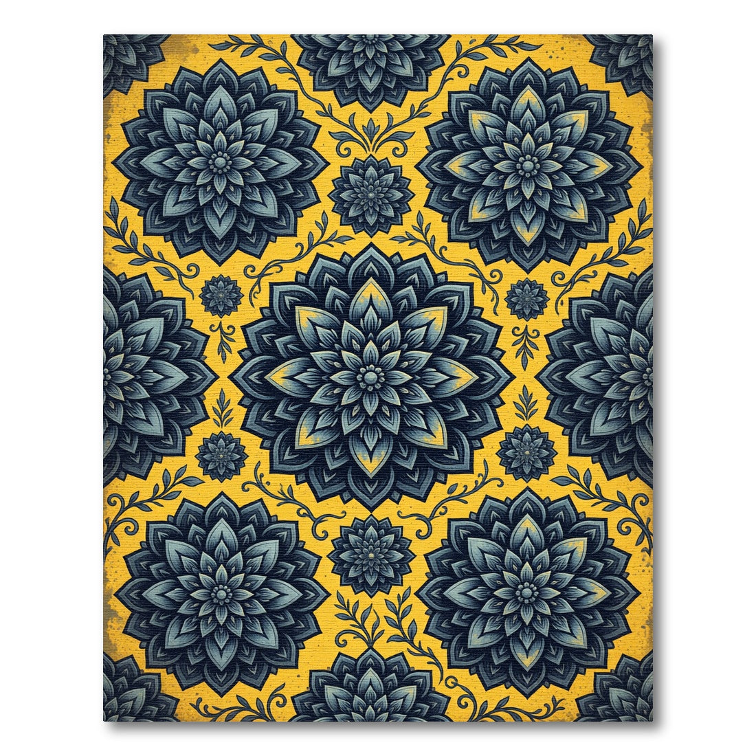 Dark Blue Floral Medallion Aged Saffron Rug