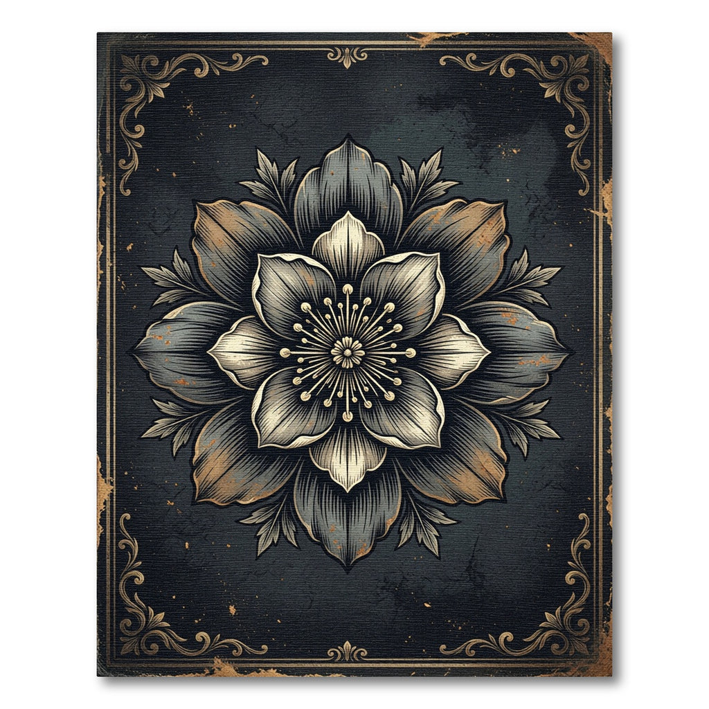 Gothic Charcoal Golden Floral Medallion Rug