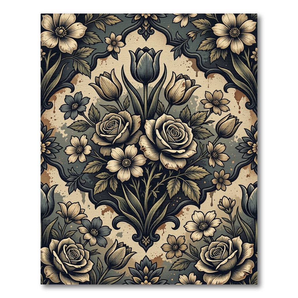 Antique Grey Floral Damask Bouquet Rug