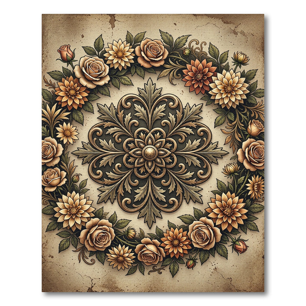 Vintage Golden Floral Medallion Wreath Rug