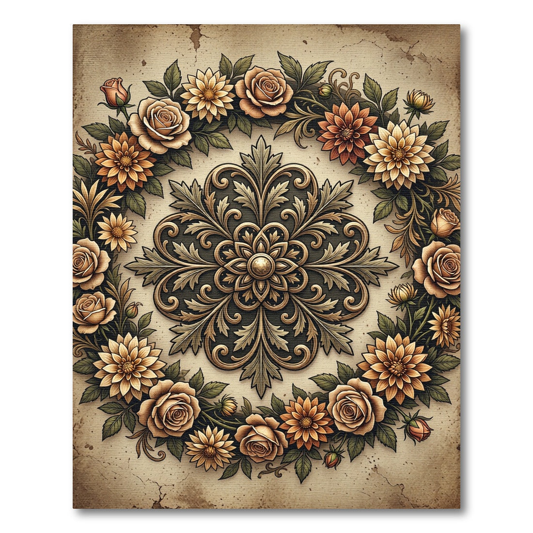 Vintage Golden Floral Medallion Wreath Rug