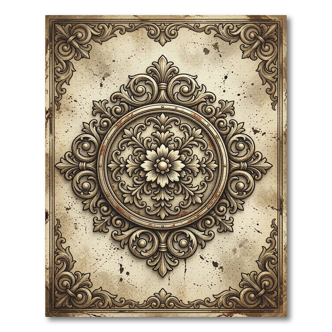 Ornate Golden Floral Scroll Medallion Rug