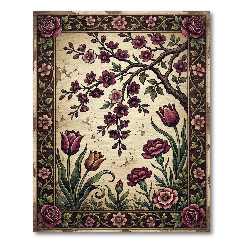 Vintage Floral Branch and Bloom Art Rug