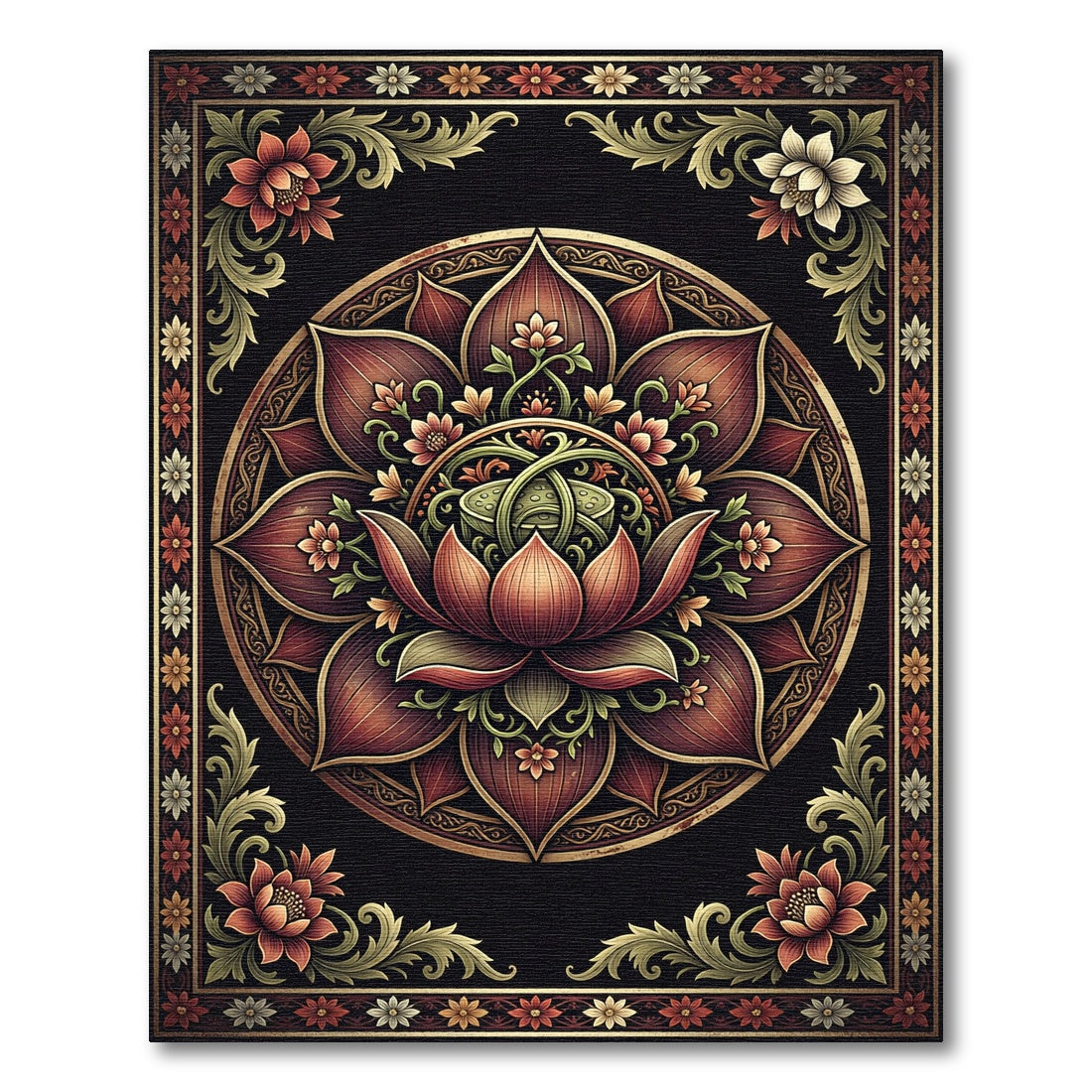 Opulent Deep Crimson Lotus Mandala Rug