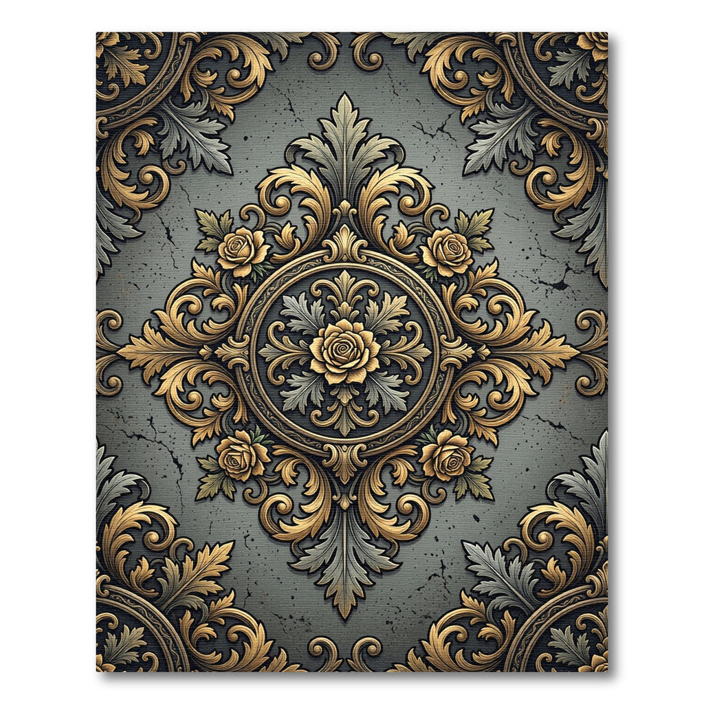 Antique Gold Floral Scroll Gray Rug