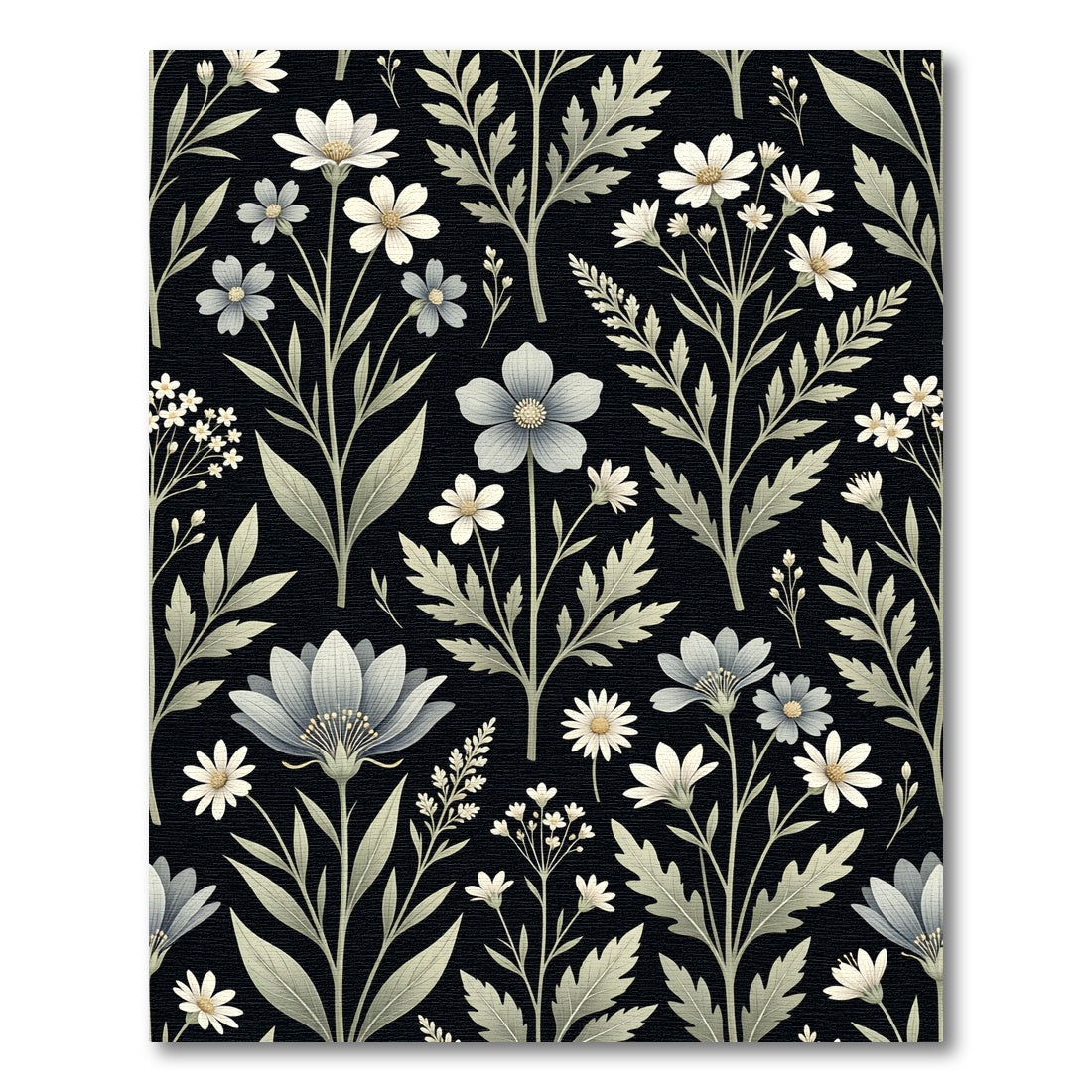 Monochromatic Botanical Wildflower Black Meadow Rug