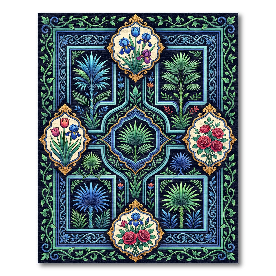 Emerald Blue Floral Garden Frame Rug