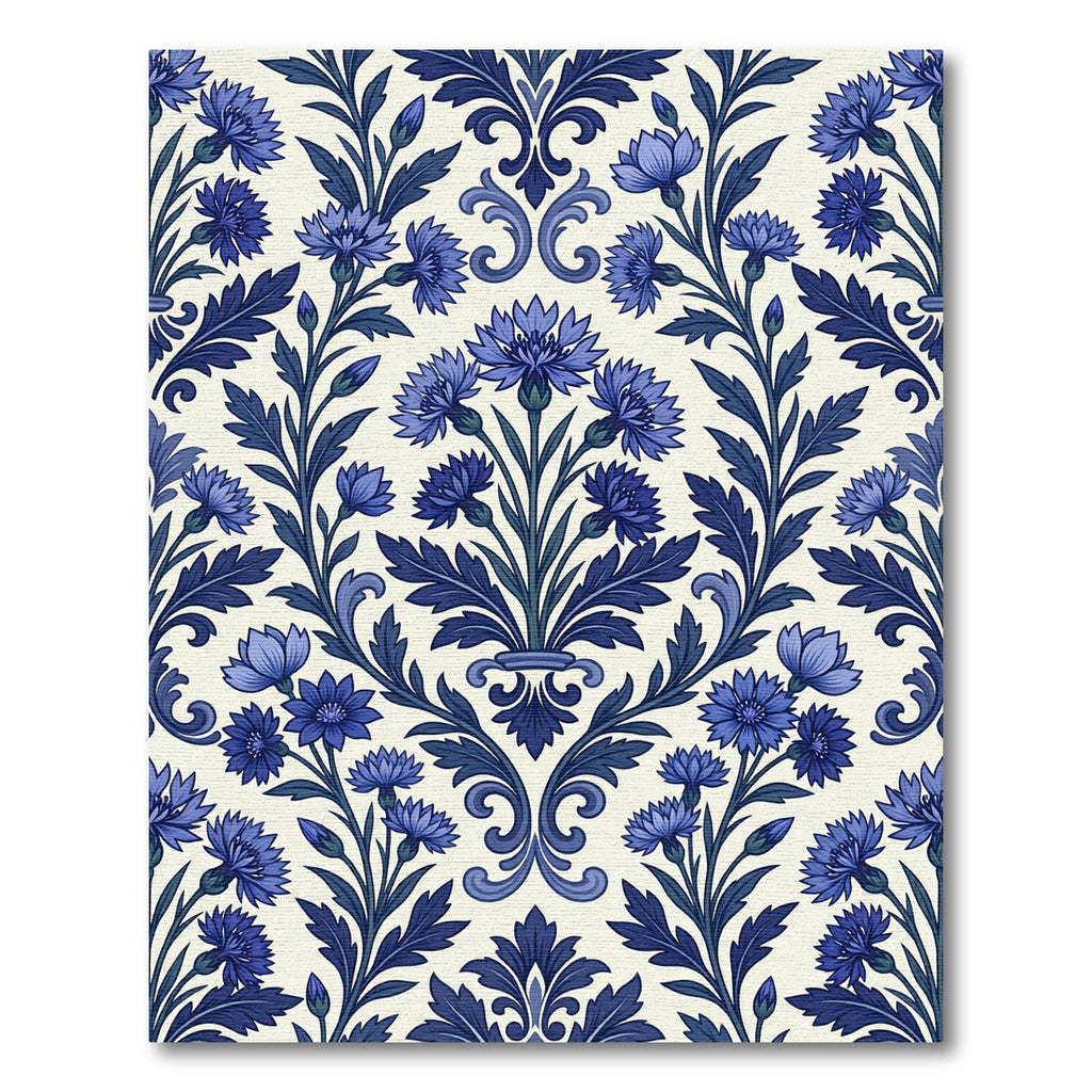Navy Blue Cornflower Floral Scroll Rug