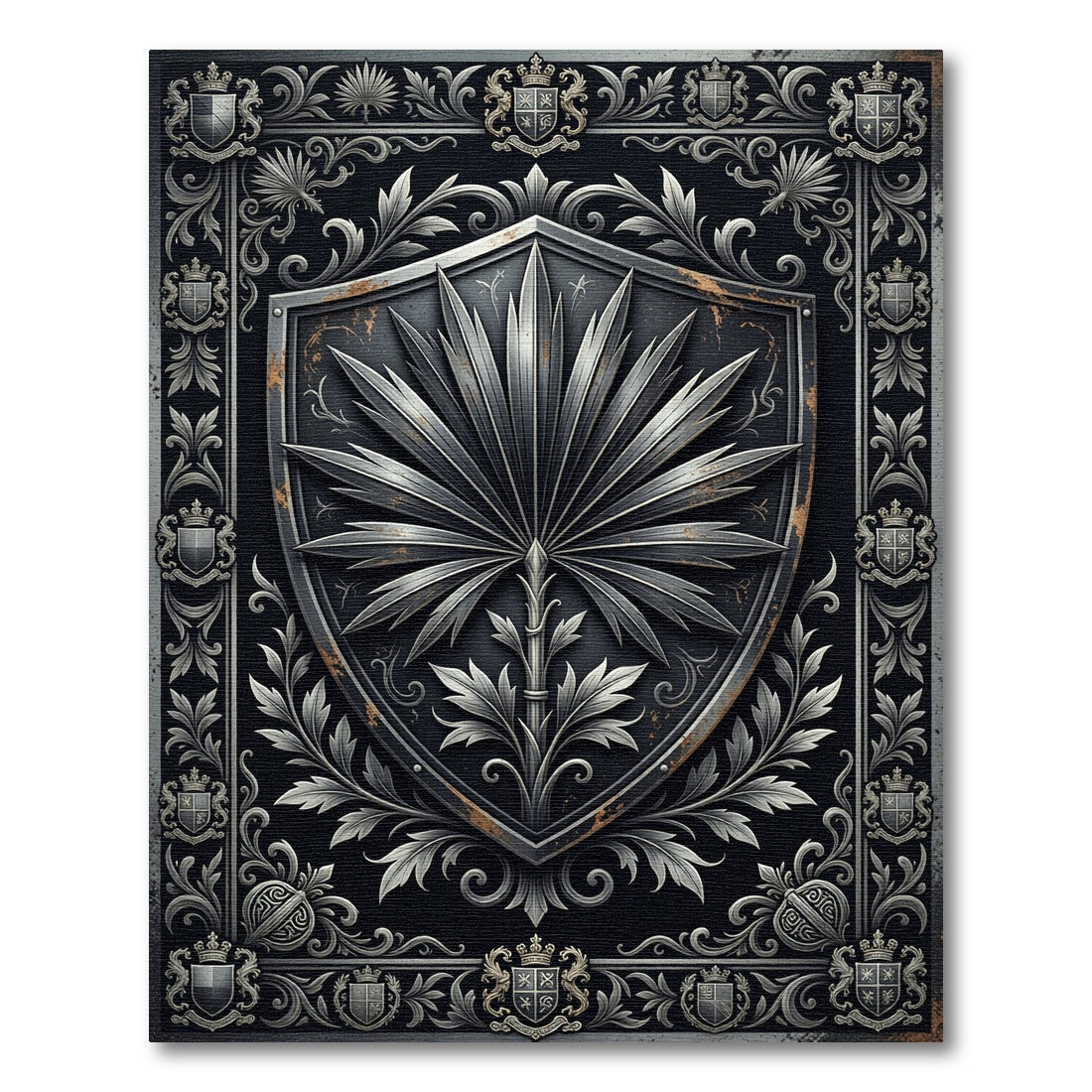 Ornate Silver Heraldic Crest Rug