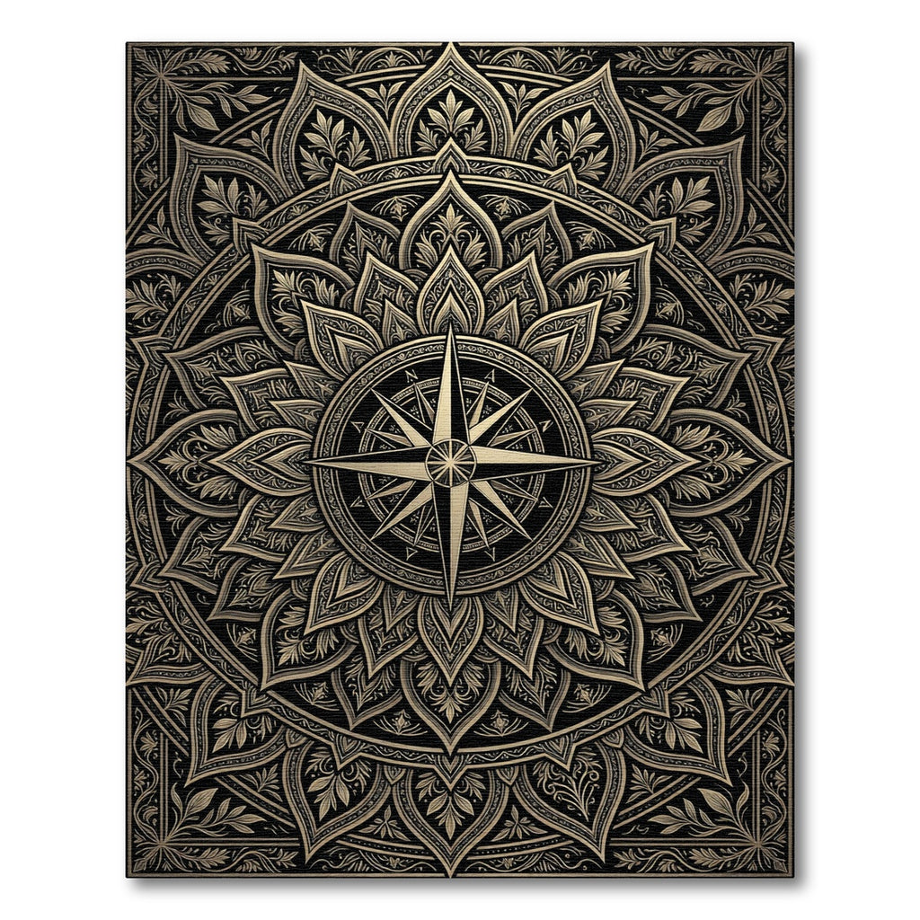 Gilded Compass Mandala Gold Black Art Rug
