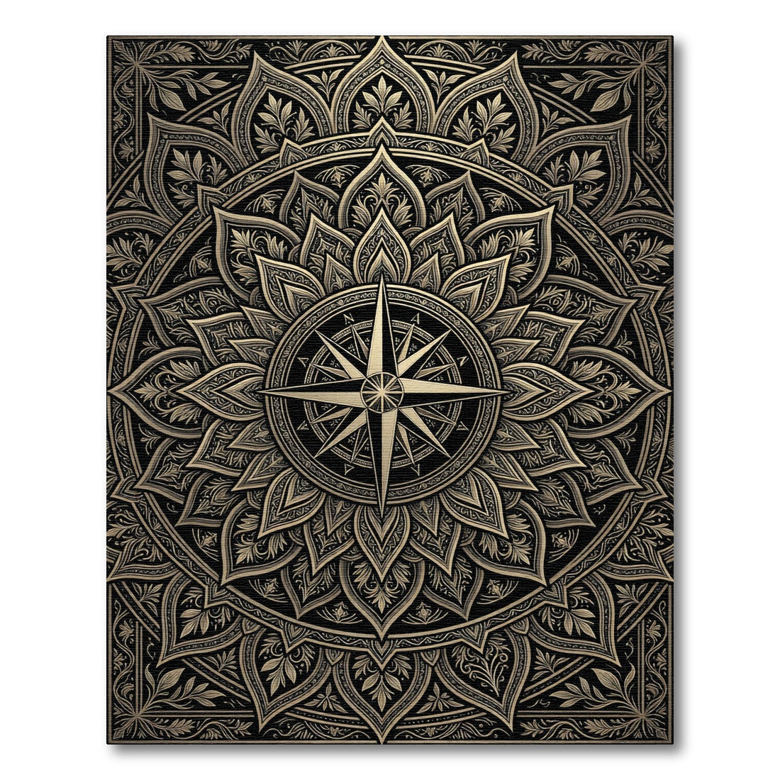 Gilded Compass Mandala Gold Black Art Rug