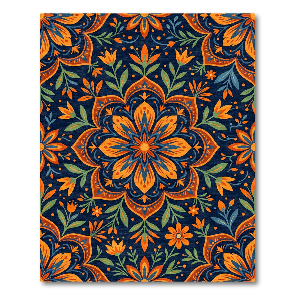 Vibrant Orange Blue Floral Mandala Rug