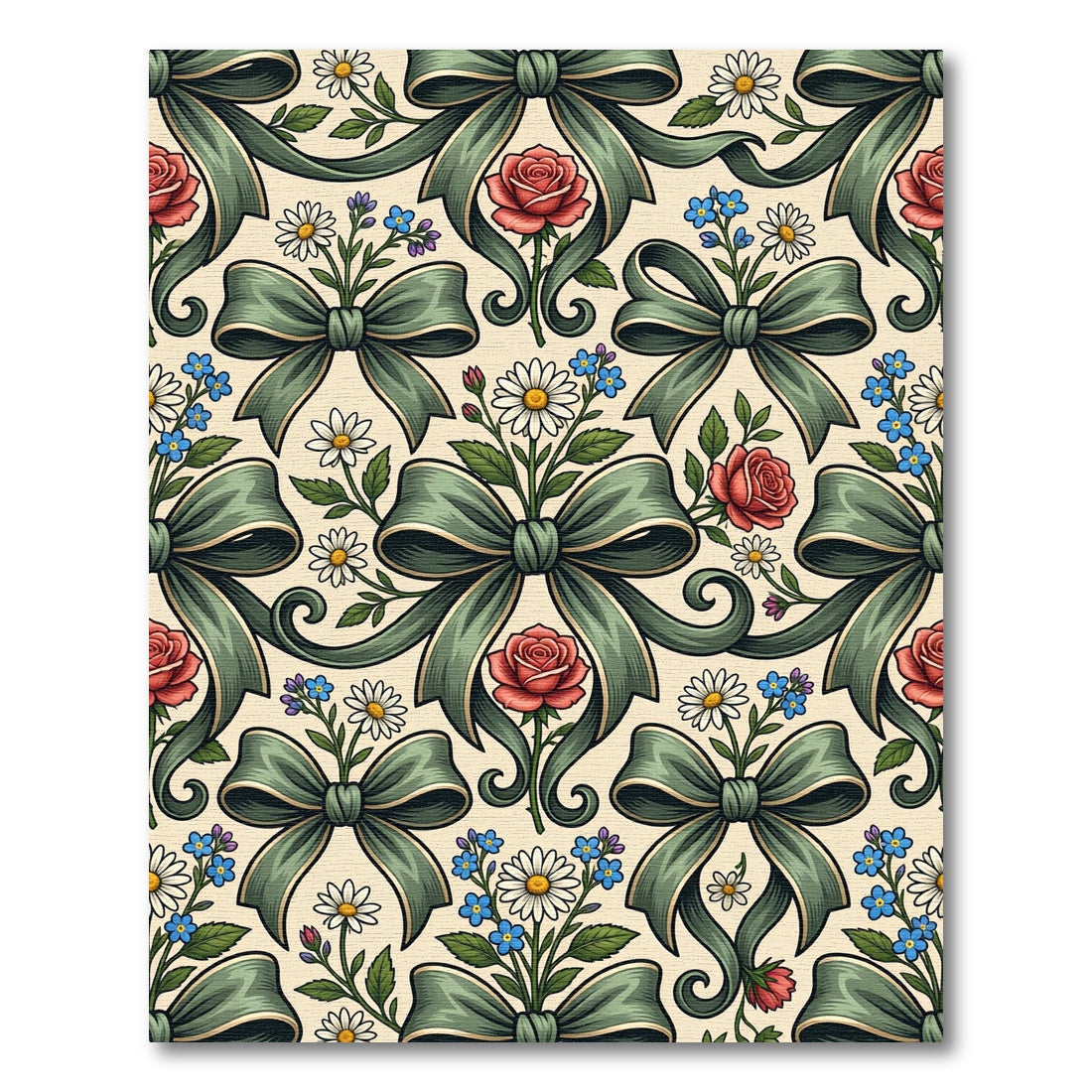 Sage Ribbon Rose and Daisy Floral Rug