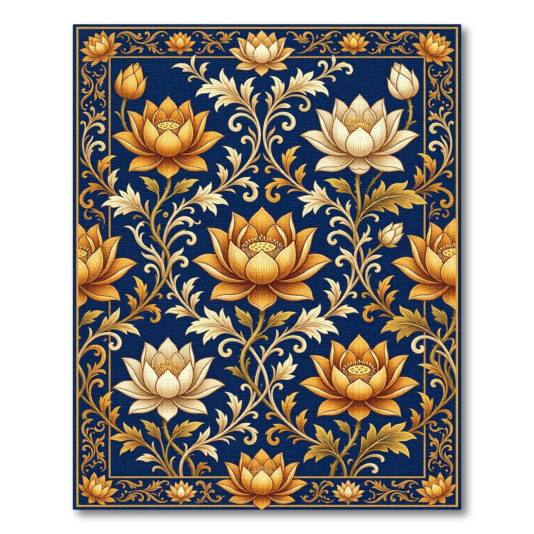 Golden Lotus Floral Navy Luxury Rug