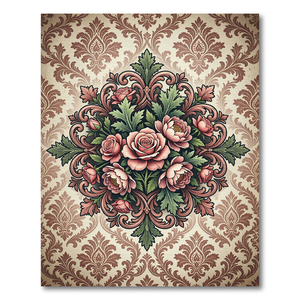 Vintage Rose Floral Damask Medallion Rug