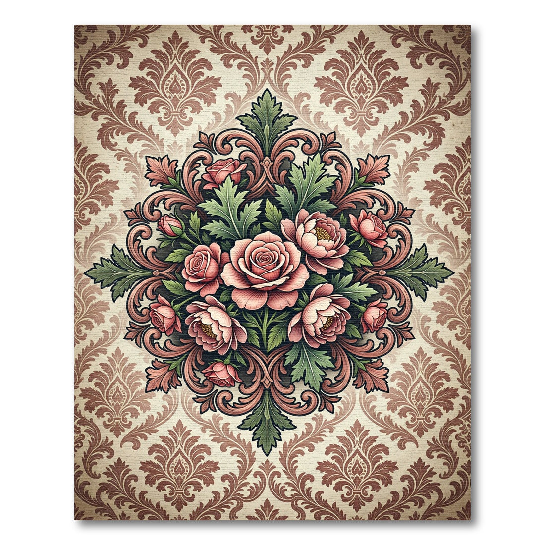 Vintage Rose Floral Damask Medallion Rug