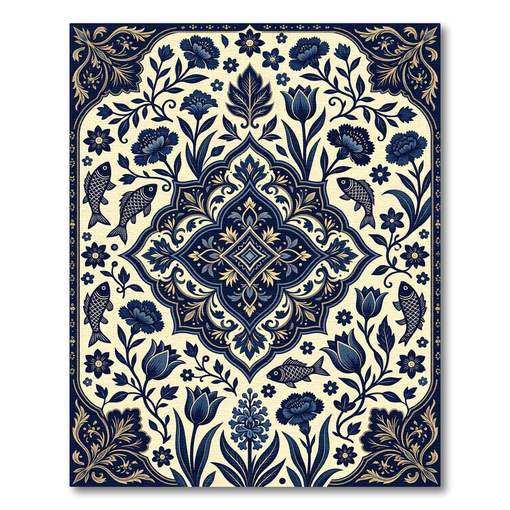 Indigo Floral Medallion with Swimming Fish Rug
