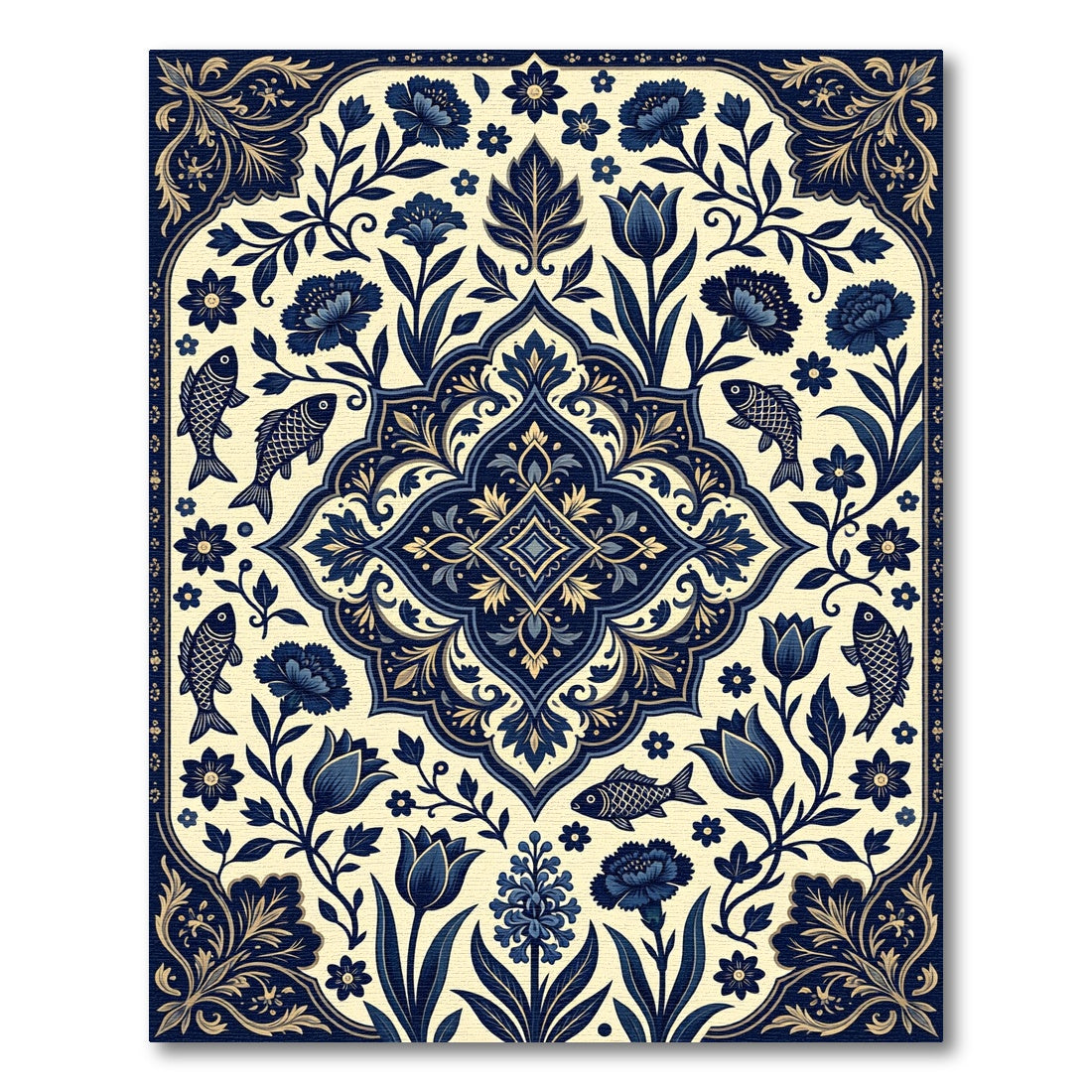 Indigo Floral Medallion with Swimming Fish Rug