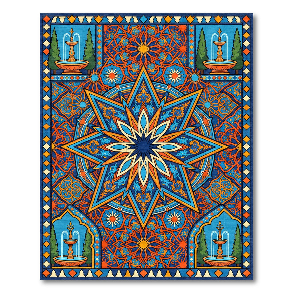 Vibrant Blue Orange Celestial Fountain Tile Rug