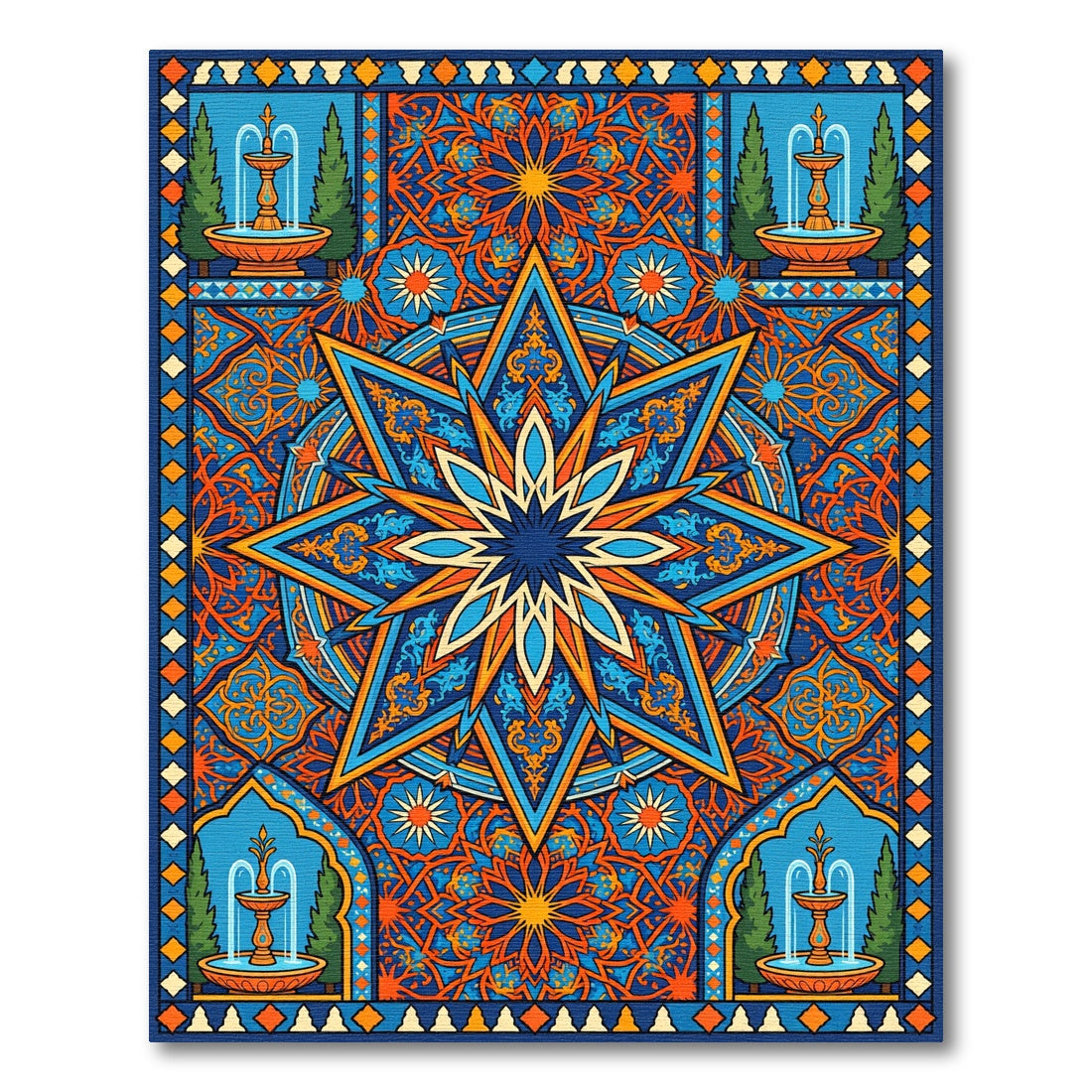 Vibrant Blue Orange Celestial Fountain Tile Rug