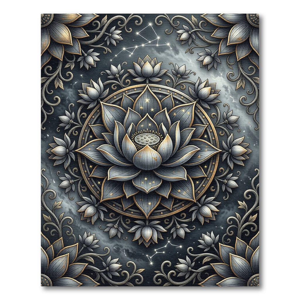 Celestial Gray Lotus Mandala Rug