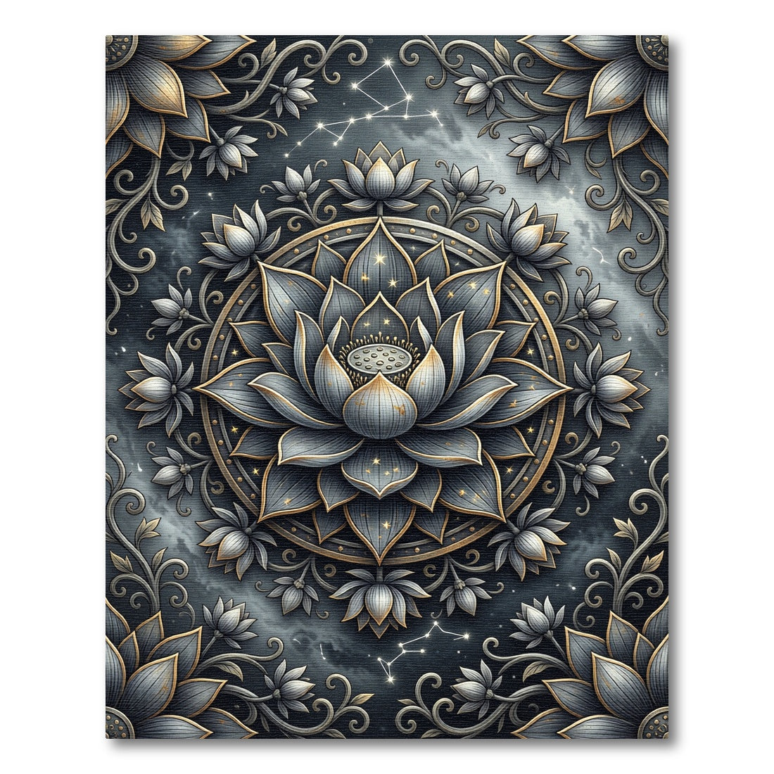 Celestial Gray Lotus Mandala Rug