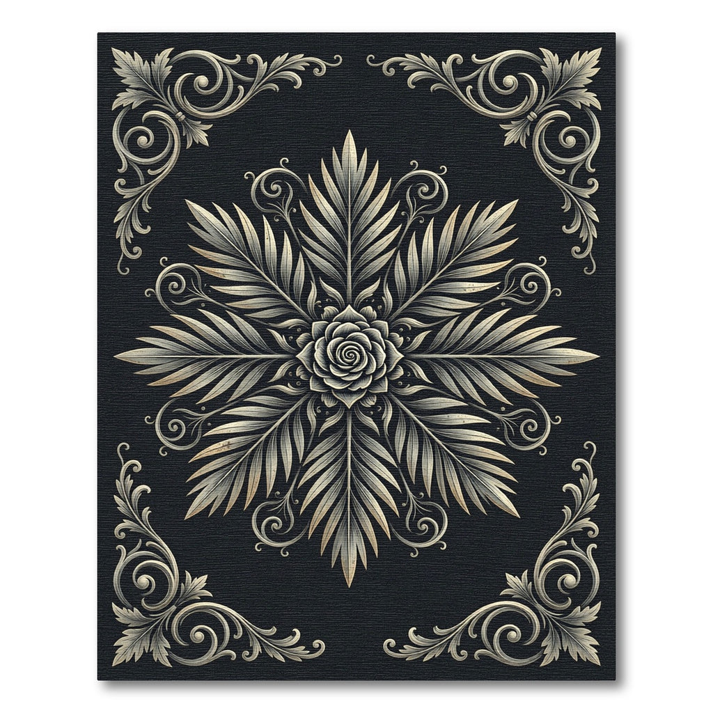 Elegant Charcoal Monochrome Botanical Rose Rug