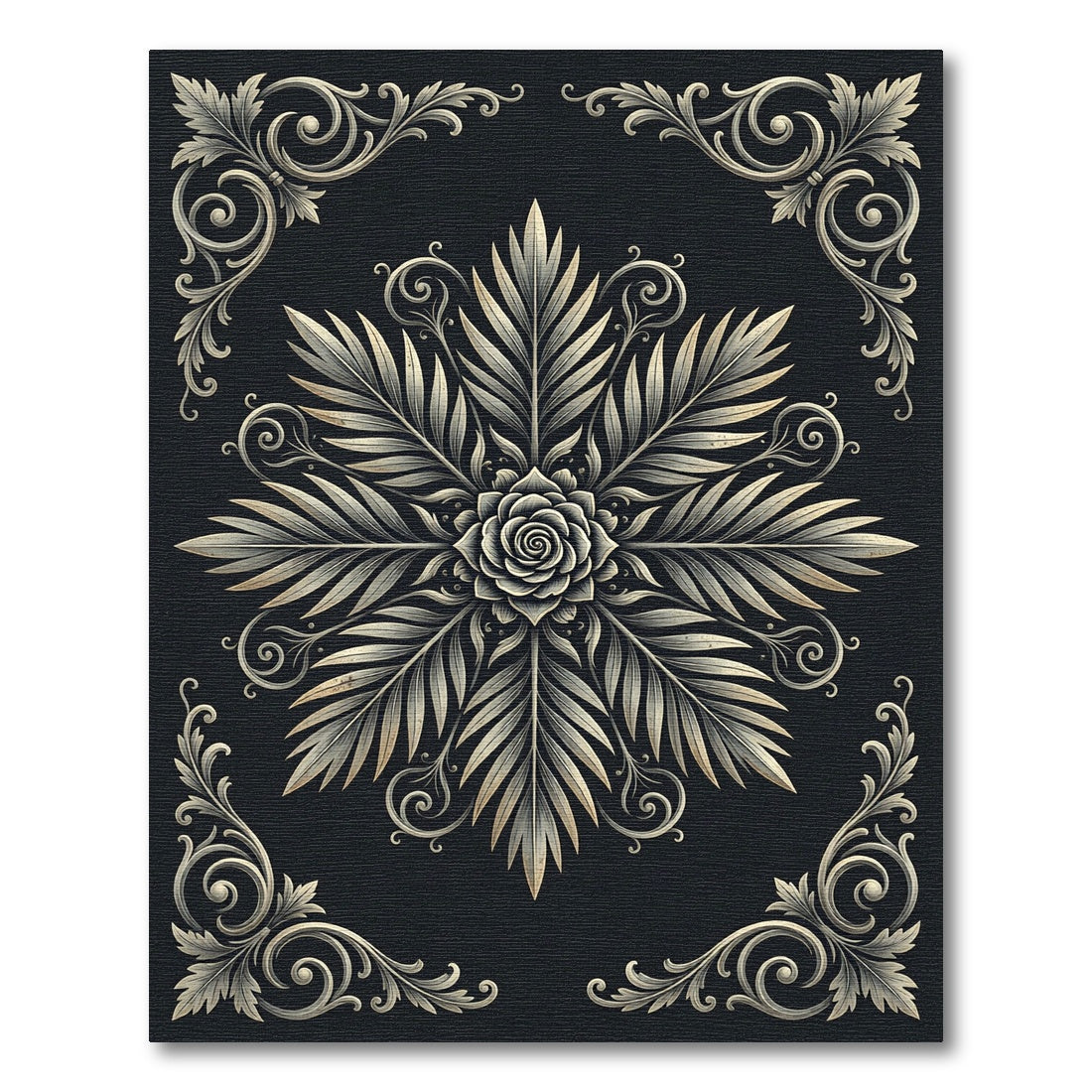 Elegant Charcoal Monochrome Botanical Rose Rug