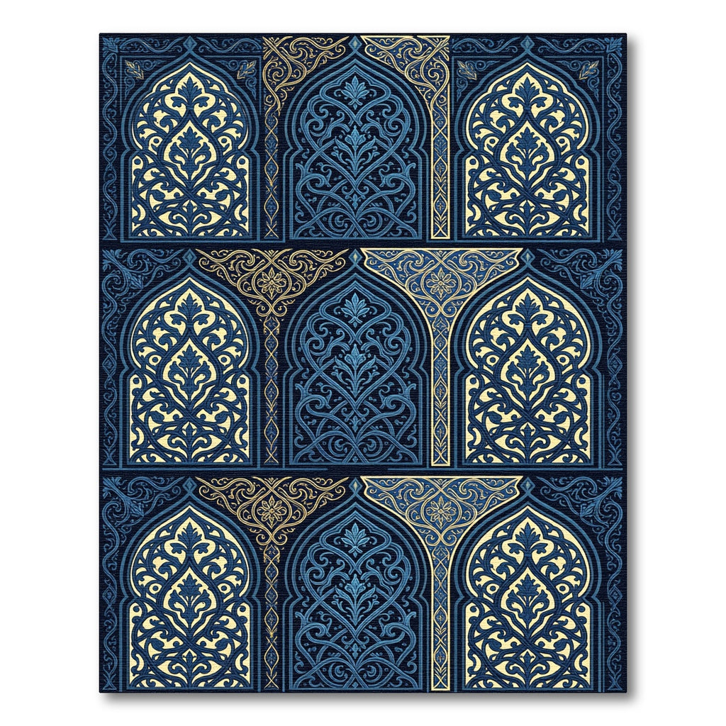 Ornate Midnight Blue Filigree Arch Tapestry Rug