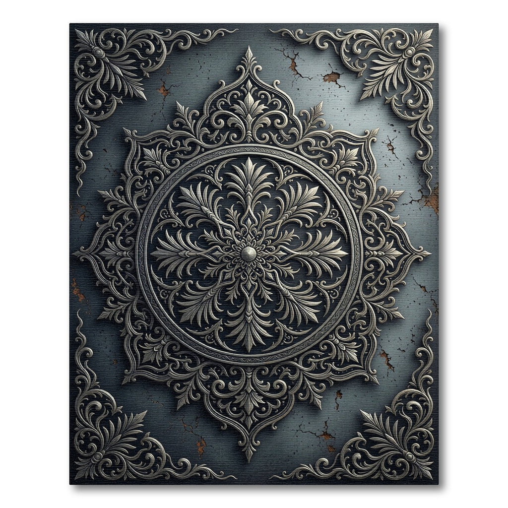Ornate Silver Floral Medallion Charcoal Rug