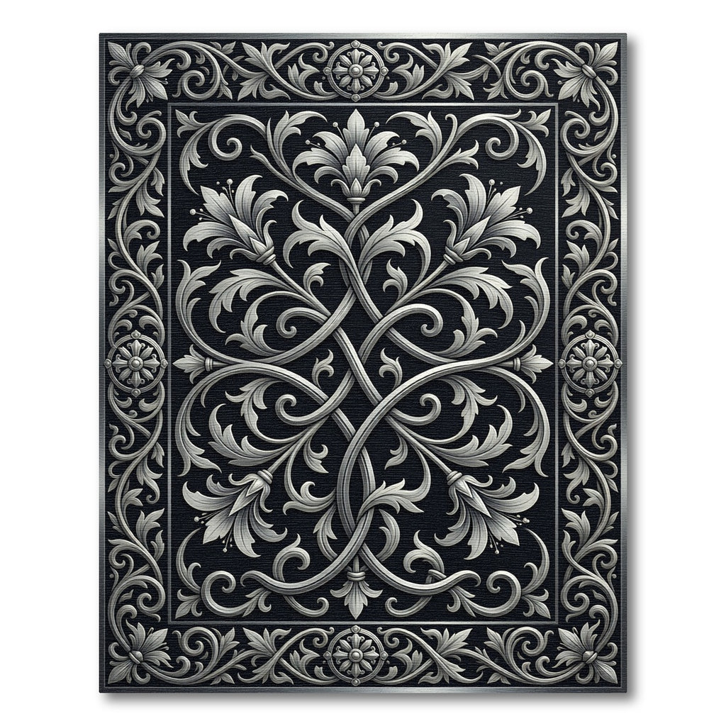 Elegant Silver Floral Scrollwork Monochromatic Rug