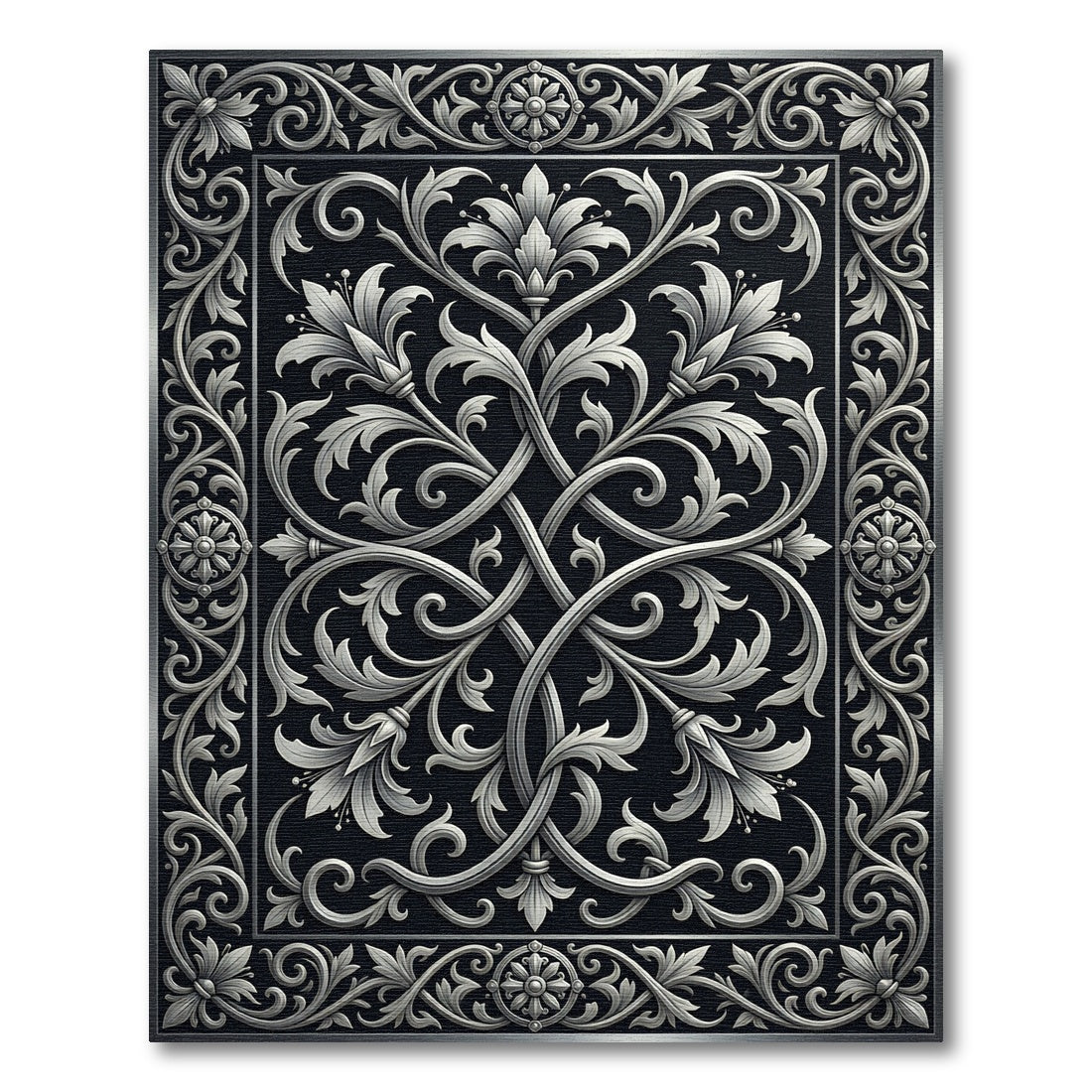 Elegant Silver Floral Scrollwork Monochromatic Rug